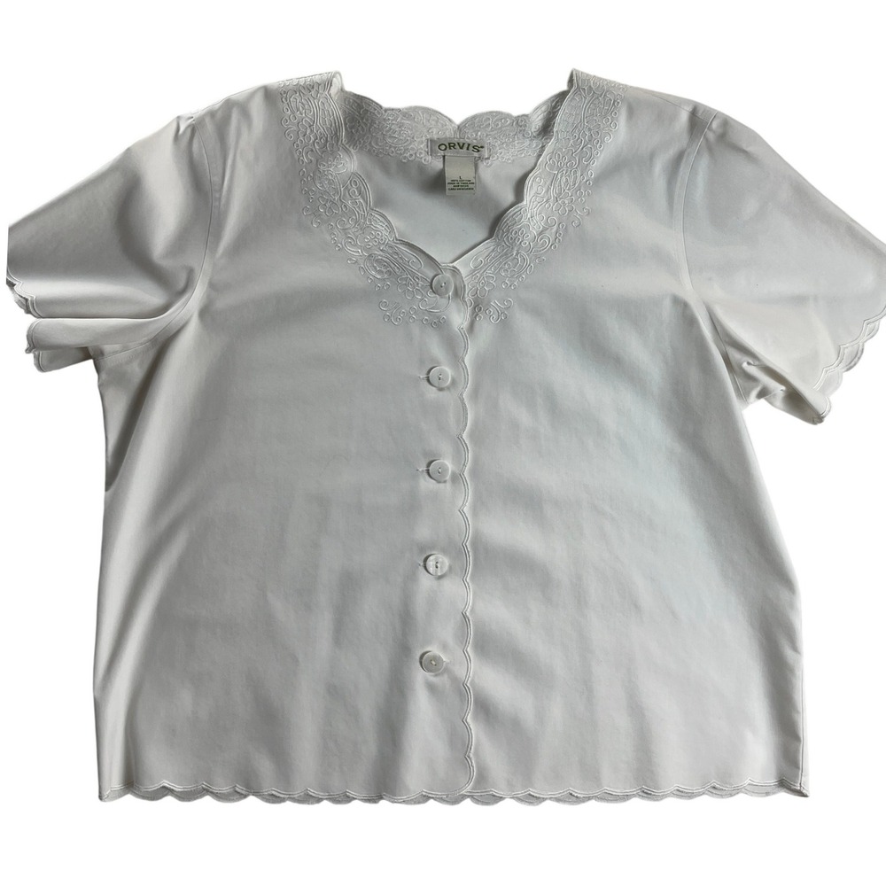 Orvis Womens White Cotton Embroidered Scalloped Button Up V-Neck Blouse